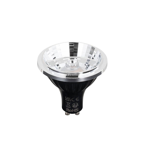 LED-Reflektorlampe mit GU10 Sockel, schwarzem Gehäuse und silbernem Reflektor.