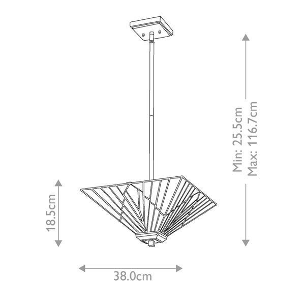 Technische Zeichnung einer Pendelleuchte mit den Maßen 38,0 cm Breite, 18,5 cm Höhe und einer Abhänglänge von minimal 25,5 cm bis maximal 116,7 cm.