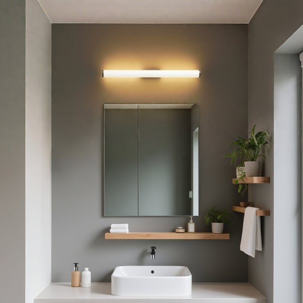 Modernes Badezimmer mit Waschtisch, Spiegel, Regal und Beleuchtung