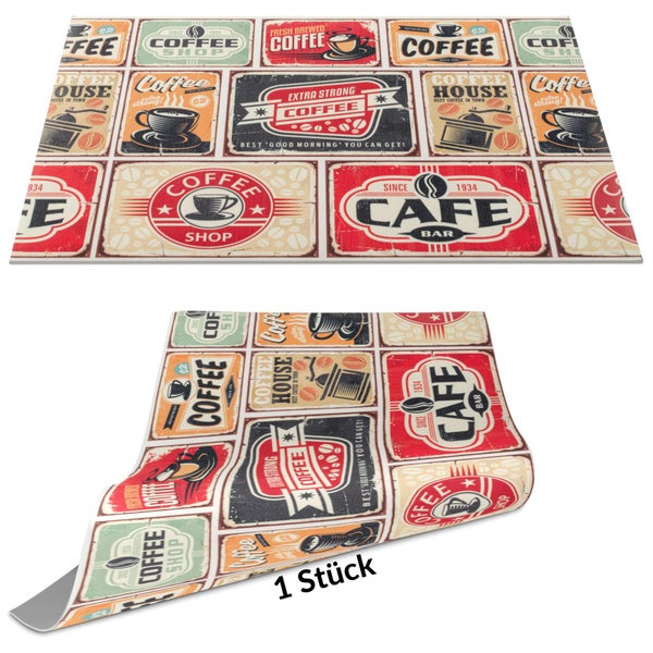 Küchenmatte mit Vintage-Kaffeemotiven wie Coffee Shop und Cafe Bar in Collage-Optik.