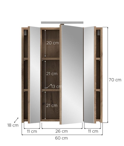 Spiegelschrank mit drei Türen in Holzoptik, Maße 60 Zentimeter Breite, 70 Zentimeter Höhe und 18 Zentimeter Tiefe mit Innenmaßangaben.