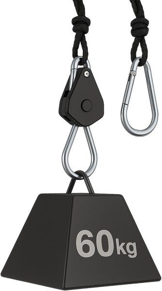 Seilzug-Ratschenset mit 60 Kilogramm Tragkraft, Karabinerhaken und schwarzem Seil.