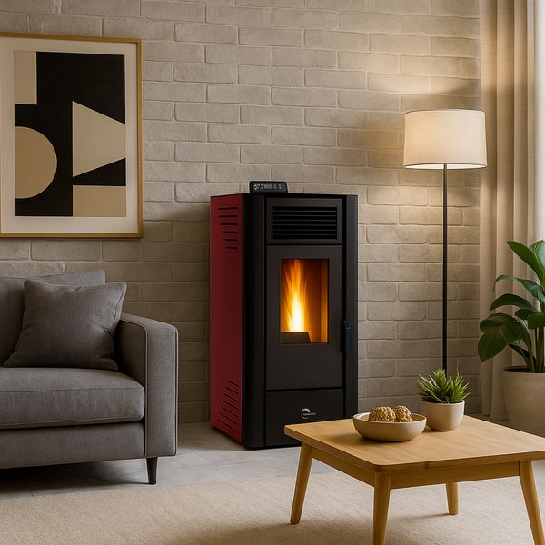 Wohnzimmer mit Pelletofen, Sofa, Stehlampe und Couchtisch