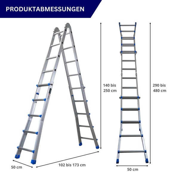 Mehrzweckleiter: Breite 50 Zentimeter. Stehleiter 140 bis 250 Zentimeter hoch, 102 bis 173 breit. Anlegeleiter 290 bis 480 Zentimeter hoch.