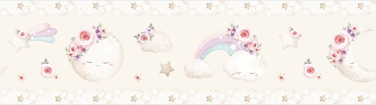 Tapetenbordüre für Kinder mit Aquarell-Illustrationen von lächelndem Mond, Sternen, Regenbogen, Wolken und Blumen.