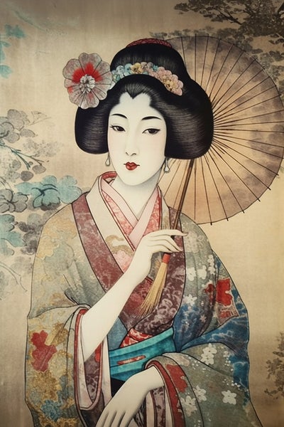 Gemälde einer Geisha mit Papierregenschirm