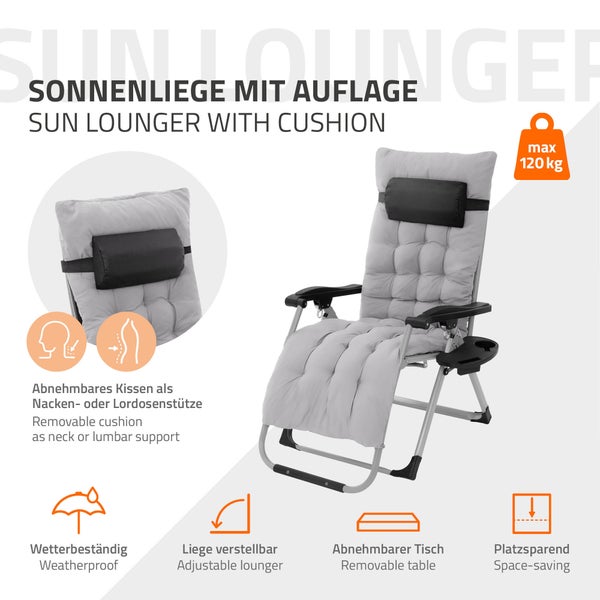 Sonnenliege mit Auflage, verstellbar und wetterbeständig, maximale Belastbarkeit 120 Kilogramm