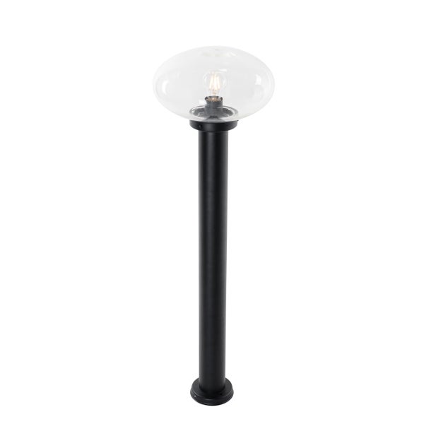 Moderne Außenstandleuchte aus schwarzem Metall mit ovalem Schirm aus klarem Glas.