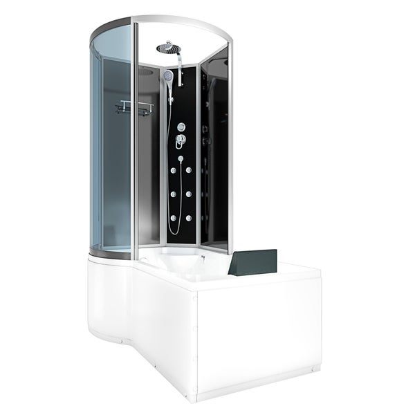 Technische Zeichnung einer Badewanne mit Maßangaben in Zentimeter für die Installation von Wasser- und Elektroanschlüssen in einer Raumecke.