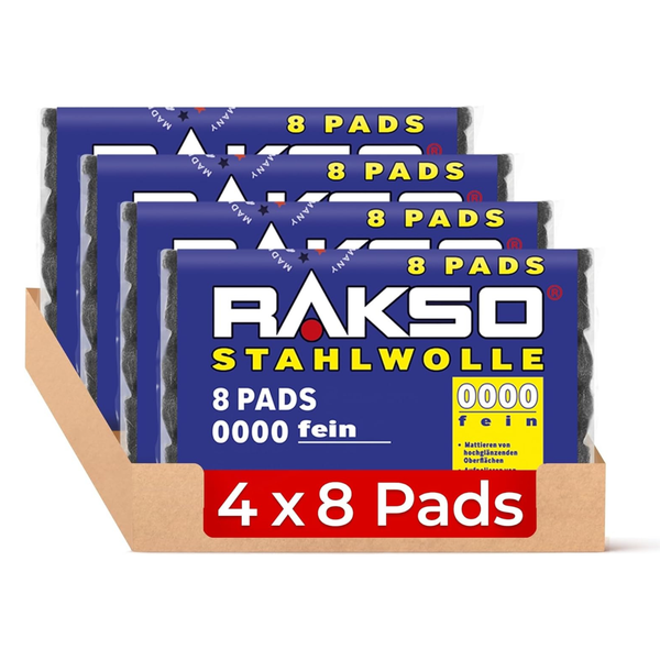Rakso Stahlwolle, 4 Packungen mit je 8 Pads, Feinheit 0000 fein, für die Reinigung und Oberflächenbearbeitung.