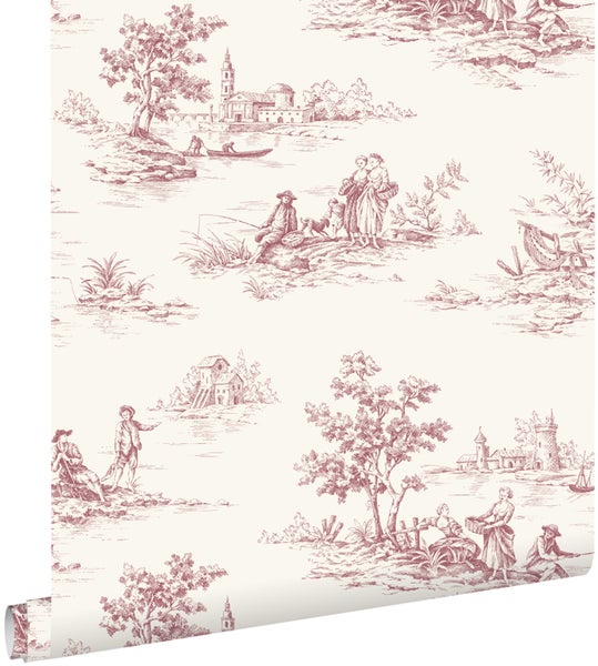 Tapete mit Toile-de-Jouy-Muster, ländliche Szenen mit Personen, Gebäuden und Bäumen.