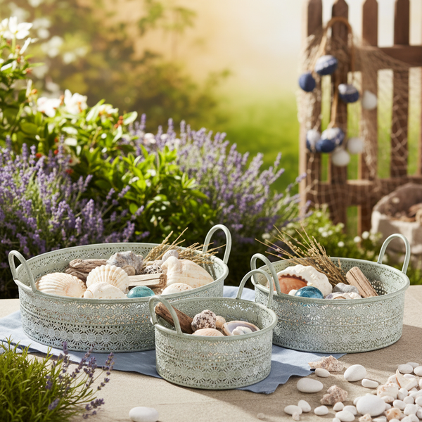 Drei dekorative Metallkörbe mit Lochmuster und Griffen, gefüllt mit Muscheln und Holz in einem Garten mit Lavendel.
