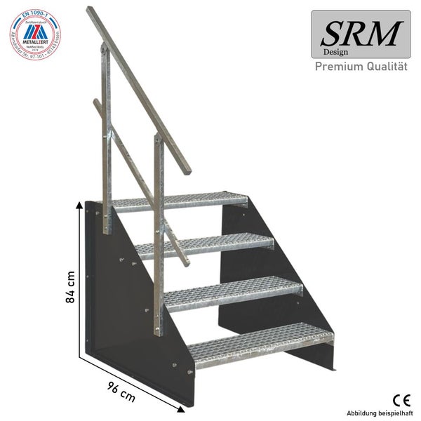 Metall-Außentreppe, 4 Gitterroststufen, Geländer, schwarze Wangen, 84 mal 96 Zentimeter. SRM Design Logo. Zertifiziert nach EN 1090-1. CE.