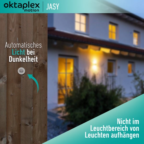 Oktaplex motion Logo. JASY Dämmerungsschalter: Gehäuse 57 mal 25 mal 39 Millimeter, Kabellänge circa 160 Millimeter und Sensor-Detailzeichnung.