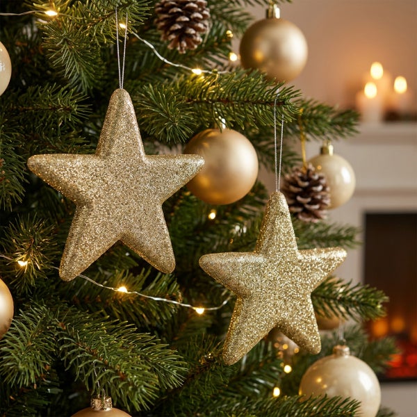 Zwei glitzernde Stern-Weihnachtsbaumhänger in einem Weihnachtsbaum dekoriert mit Weihnachtskugeln, Tannenzapfen und einer Lichterkette.