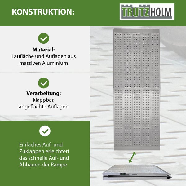 Darstellung einer Trutzholm Auffahrrampe mit Aluminium Lauffläche und klappbarer Verarbeitung.