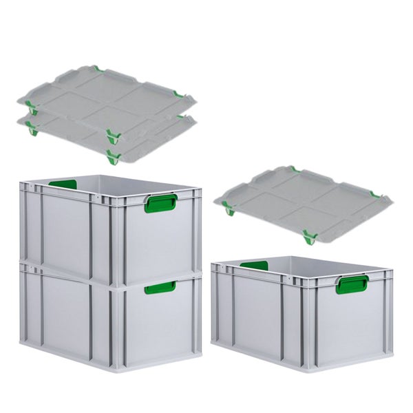 PROREGAL Spar Set 3x Eurobox Nextgen Color Mit Auflagedeckel & Schiebeschnappverschlüsse HxBxT 32 x 40 x 60 cm Griffe Grün Verstärkter Boden