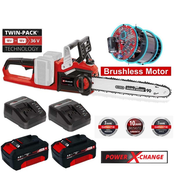 Einhell Akku-Kettensägen-Set, bürstenloser Motor, zwei 4,0 Amperestunden Akkus, zwei Ladegeräte, Oregon Schwert, 36 Volt, 10 Jahre Motor-Garantie.
