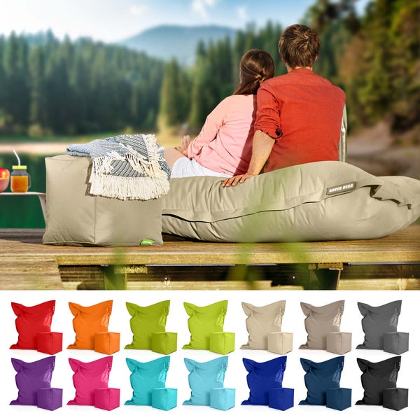 Green Bean 2er Set XXL Sitzsack inkl. Pouf fertig befüllt mit EPS-Perlen - Riesensitzsack 140x180 Lounge Sitz-Kissen Bean-Bag Chair  - Beige