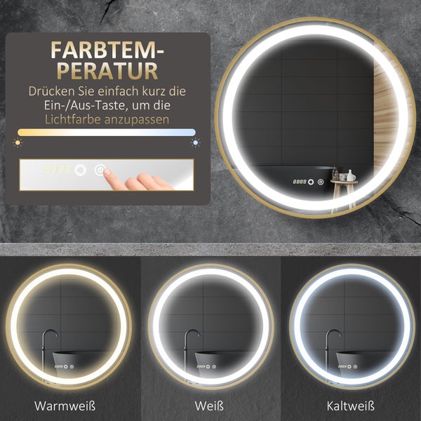 kleankin Badspiegel, Dimmbarer Wandspiegel mit Memoryfunktion, Runder Lichtspiegel mit Zeitanzeige, Badezimmerspiegel mit LED-Leuchte, IP44, Aluminiumlegierung, 60 x 60 cm