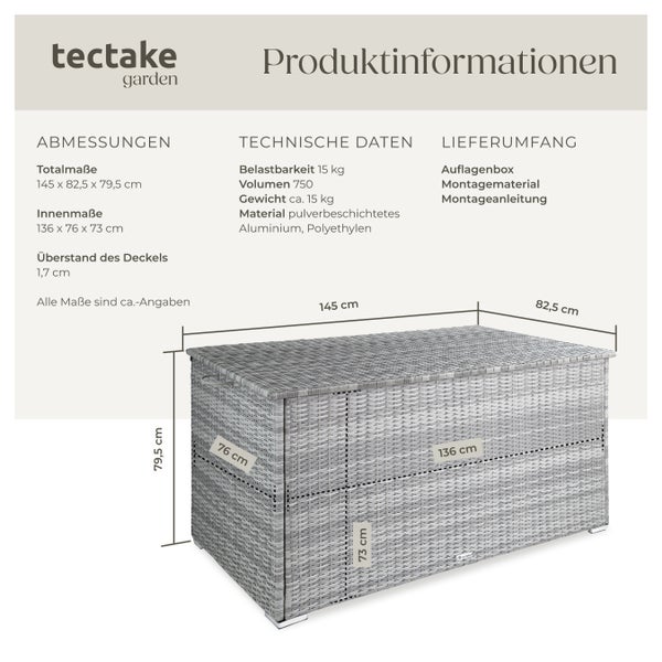Auflagenbox tectake Oslo 145 x 82,5 x 79,5 cm mit Aluminiumgestell und Rattangeflecht hellgrau