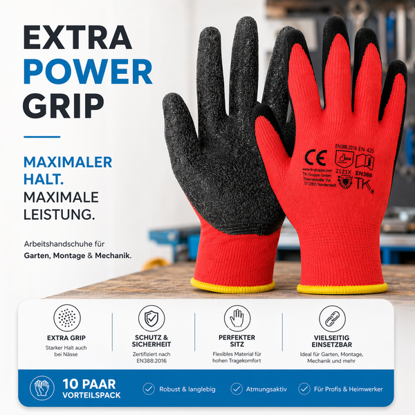 Arbeitshandschuhe 10 Paar für Garten und Montage, rutschfeste Beschichtung, Zertifizierung nach Europäischer Norm 388, TK Gruppe Logo.