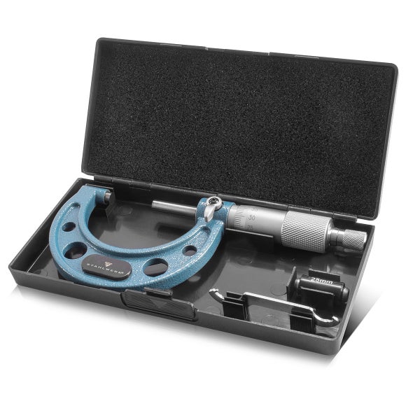 Stahlwerk Bügelmessschraube, Messbereich null bis fünfundzwanzig Millimeter, aus Metall in Blau und Silber, mit Zubehör im Koffer.