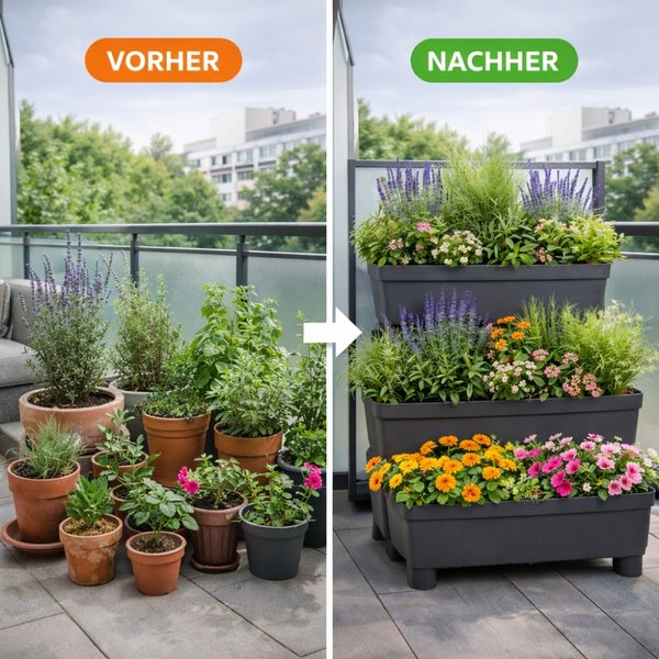 Vorher und Nachher Vergleich von Balkonpflanzen in Tontöpfen und einem grauen dreistufigen Pflanzgefäß