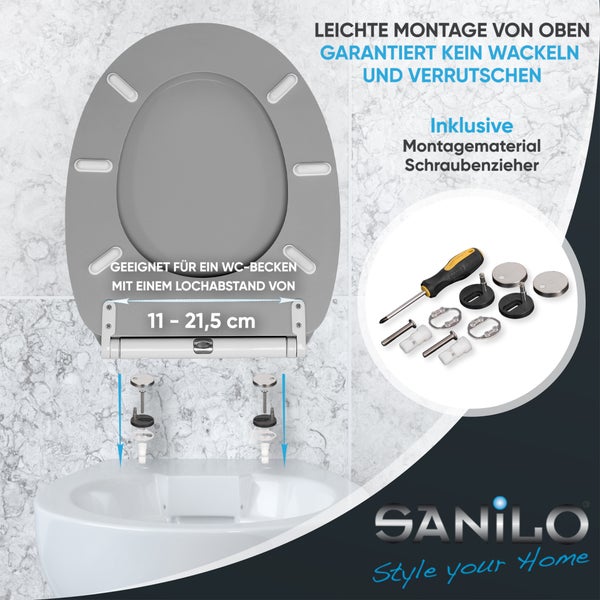 WC-Sitz mit Montage von oben, geeignet für Lochabstände von 11 bis 21,5 Zentimeter, inklusive Montagematerial und Sanilo Logo.