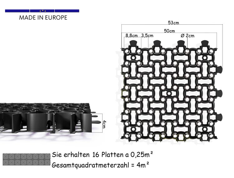 BigDean16x Rasengitter Paddockplatte SCHWARZ 50x50 cm Reitplatzmatten Rasenmatten Rasenwaben Kiesgitter Parkplatzrasen 4 m²