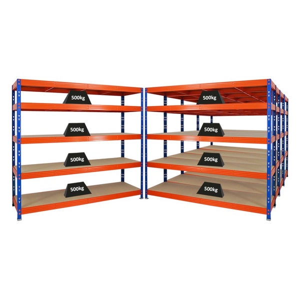 PROREGAL Mega Deal 5x Profi Schwerlastregal Rhino HxBxT 180 x 200 x 60 cm 5 Spanplatten-Ebenen 8mm Fachlast 500 kg Blau/Orange