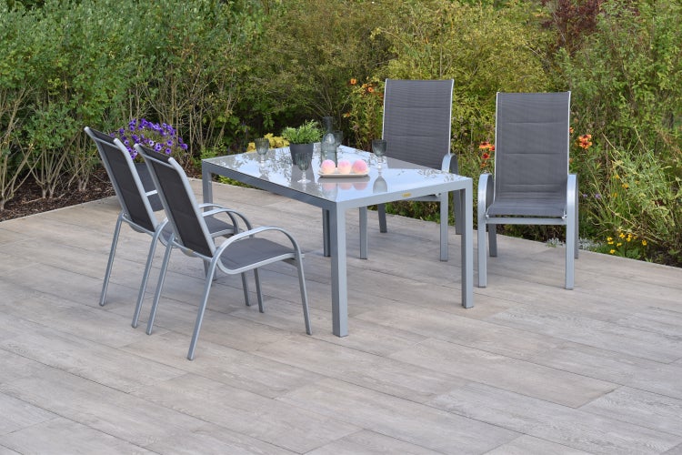 Amalfi di Lusso Set 5tlg., 4 Stapelsessel, moderner Tisch 150 x 90 cm, silber/anthrazit