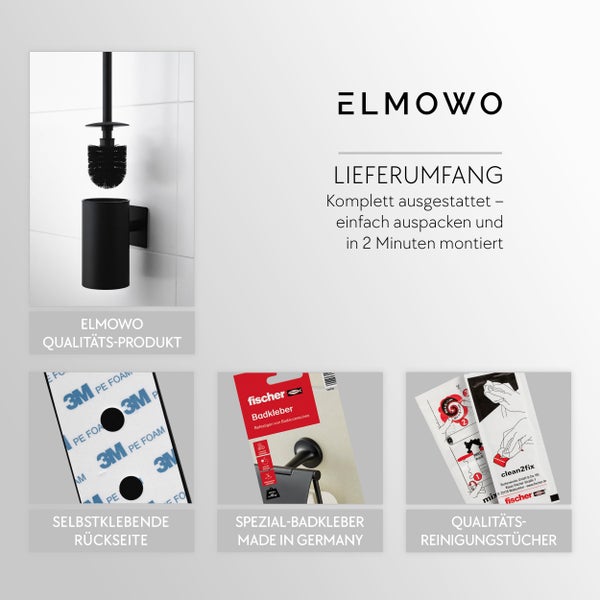 ELMOWO WC-Bürstengarnitur mit Klebe-Set für einfache Montage, inklusive Fischer Badkleber und Reinigungstücher.