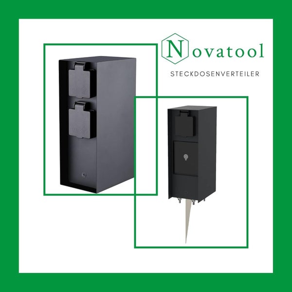 Novatool Steckdosenverteiler für außen, schwarz, spritzwassergeschützt, zwei Steckdosen, Klappdeckel, abschließbares Fach, Erdspieß, Novatool Logo.