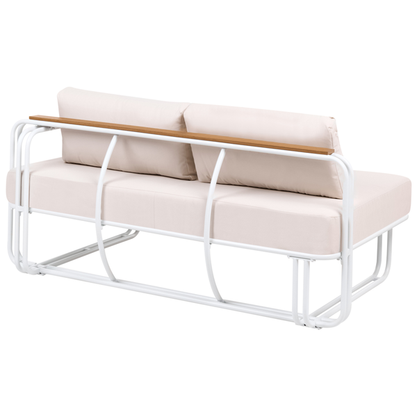 Gartensofa mit Metallgestell, Polstern und Armlehnen aus Holz, Rückansicht