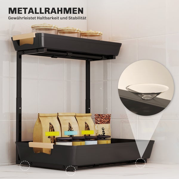 Zweistufiges Küchenregal mit schwarzem Metallrahmen, ausziehbaren Kunststofffächern und Saugnäpfen für Stabilität.