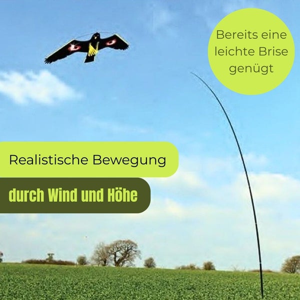 Vogelförmiger Drachen im Flug über einem Feld.