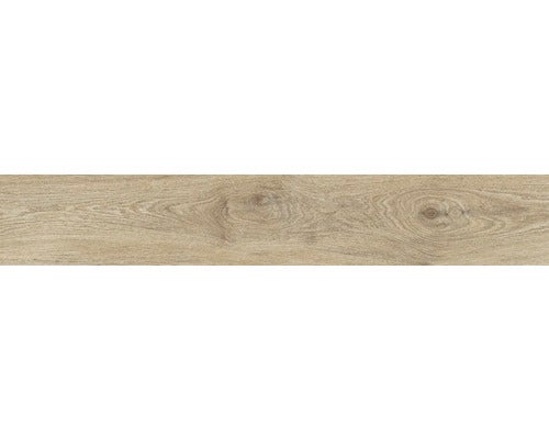 Bodenfliese aus Feinsteinzeug in Holzoptik mit Maserung und Astlöchern.