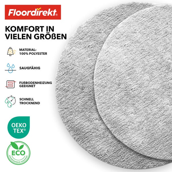 Zwei runde, graue Teppiche aus 100 Prozent Polyester. Saugfähig, für Fußbodenheizung geeignet und schnelltrocknend. Mit Öko Tex Standard 100 und Eco-Siegel. Marke Floordirekt.