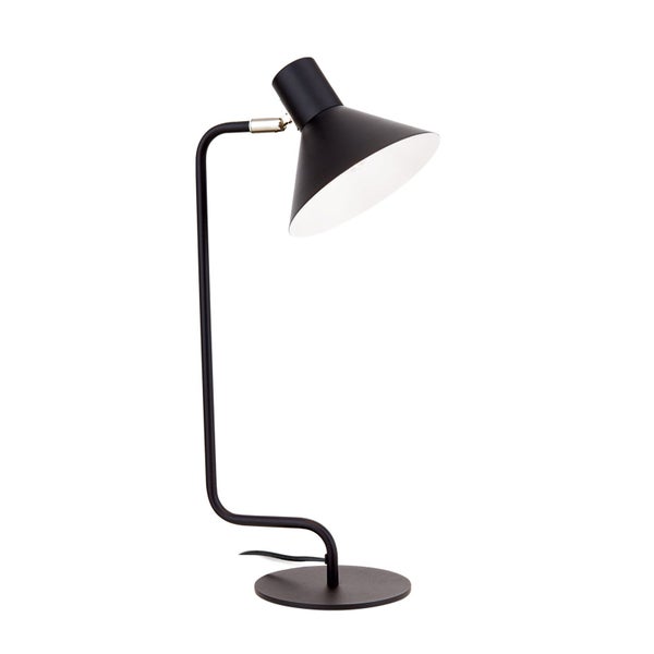 Schreibtischleuchte mit konischem Lampenschirm auf rundem Sockel.