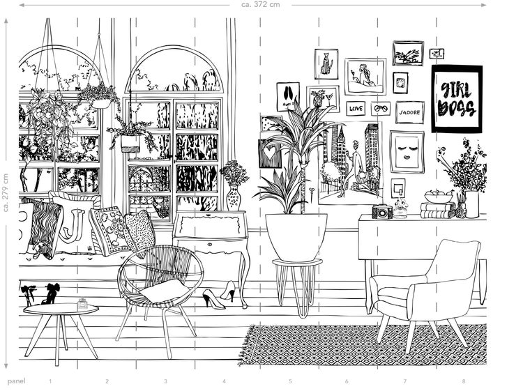 Illustration eines Wohnzimmers mit Möbeln und Dekorationsgegenständen