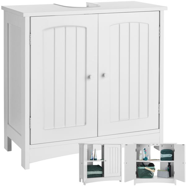 Waschtischunterschrank in Weiß mit zwei Türen, verzierten Fronten und Siphon-Ausschnitt für das Badezimmer.