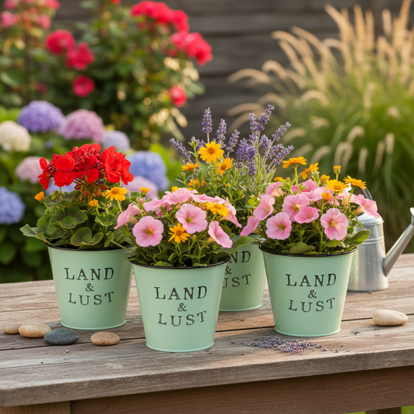 Vier hellgrüne Metall-Übertöpfe mit Aufschrift Land & Lust, bepflanzt mit Geranien, Petunien und Lavendel auf einem Holztisch im Garten.
