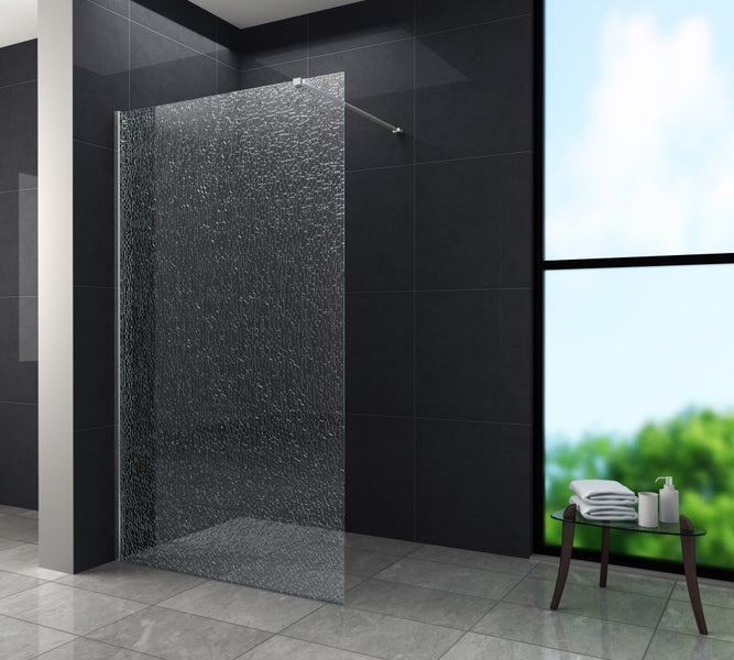 Begehbare Dusche mit Strukturglas in einem modern gestalteten Badezimmer.