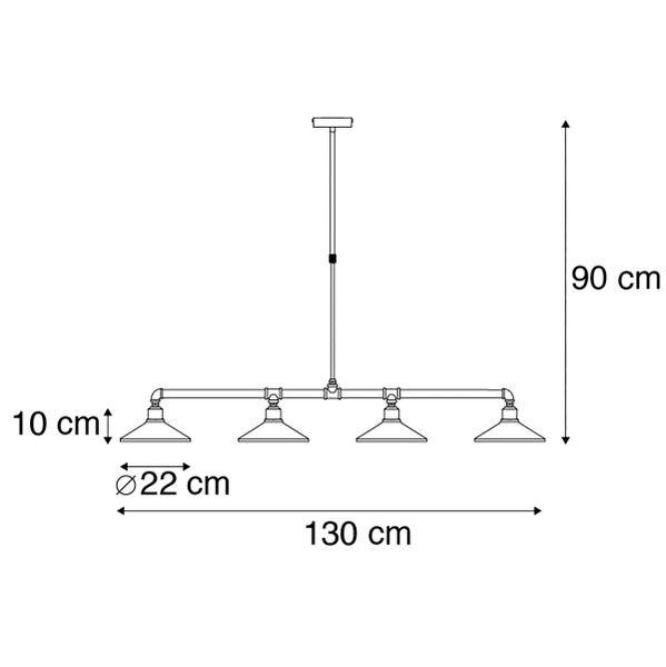 Technische Zeichnung einer Pendelleuchte mit vier Lampenschirmen, Maße: 90 cm Höhe, 130 cm Breite, 22 cm Durchmesser Lampenschirm, 10 cm Höhe Lampenschirm