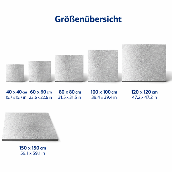 Größenübersicht für quadratische Platten in den Maßen 40 mal 40 cm bis 150 mal 150 cm
