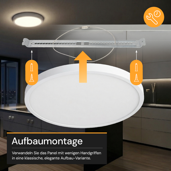 Anleitung zur Aufbaumontage eines runden LED-Panels an der Decke mit Montagehalterung und Sicherungsseil in einer modernen Küche.