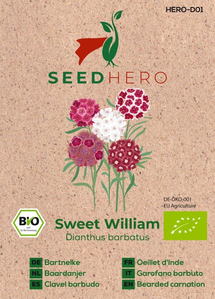 Bio-Samen für Bartnelken (Dianthus barbatus) von SeedHero. Illustrierte Blütenstände. Mit deutschem und europäischem Bio-Siegel.