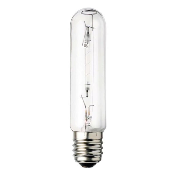 Klare Röhrenlampe mit E27-Gewinde aus Glas und Metall mit sichtbarem Innenteil.