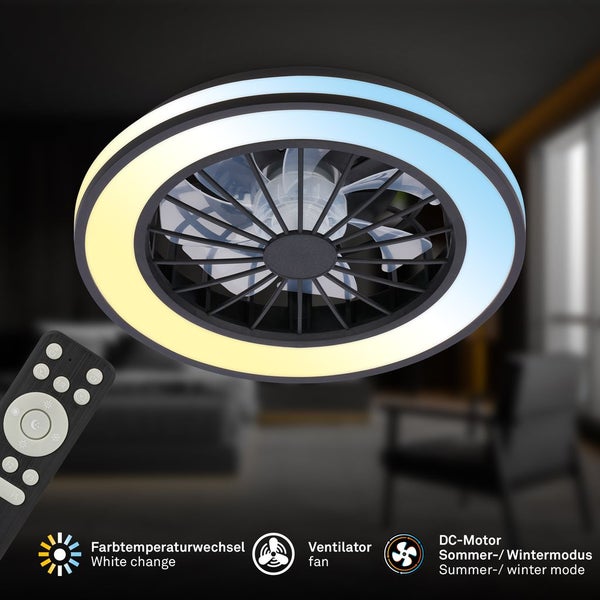 Runde Deckenleuchte mit Ventilator, Fernbedienung, einstellbarer Farbtemperatur und Gleichstrommotor für Sommer- und Winterbetrieb.